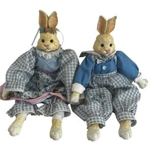 Vintage Set of 2Cottagecore Bunny Pair – Blue Gingham Easter Rabbits Figurines